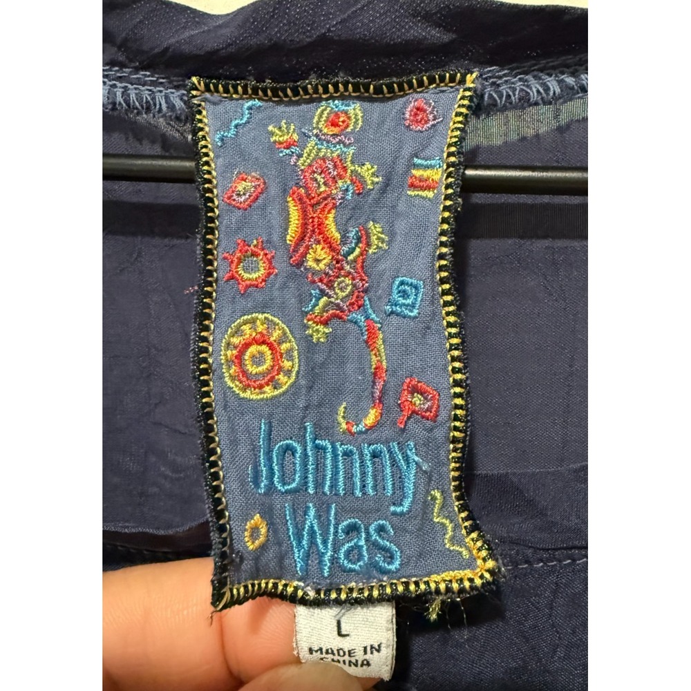 Johnny Was Embroidered Boho Tunic Top Blue Multicolor Floral Sz L Eyelet Cupro - Picture 4 of 6